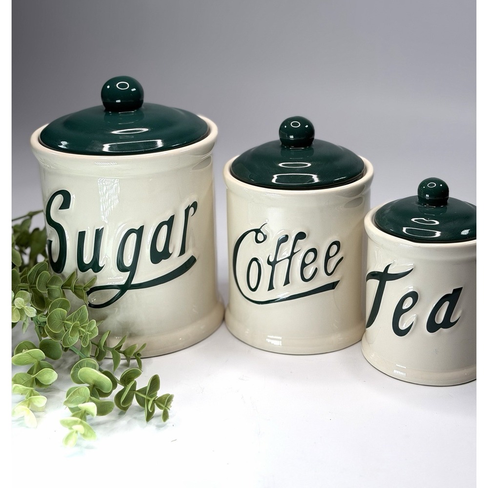 Vintage Himark Coffee Sugar & Tea Canister Set 3 Hunter Green Cream Taiwan